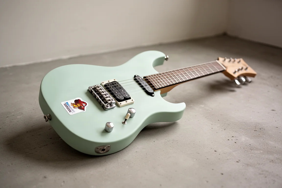 Kompakte Offset-E-Gitarre mit offenen Mechaniken und Singlecoil-Pickup vor neutralem Hintergrund
