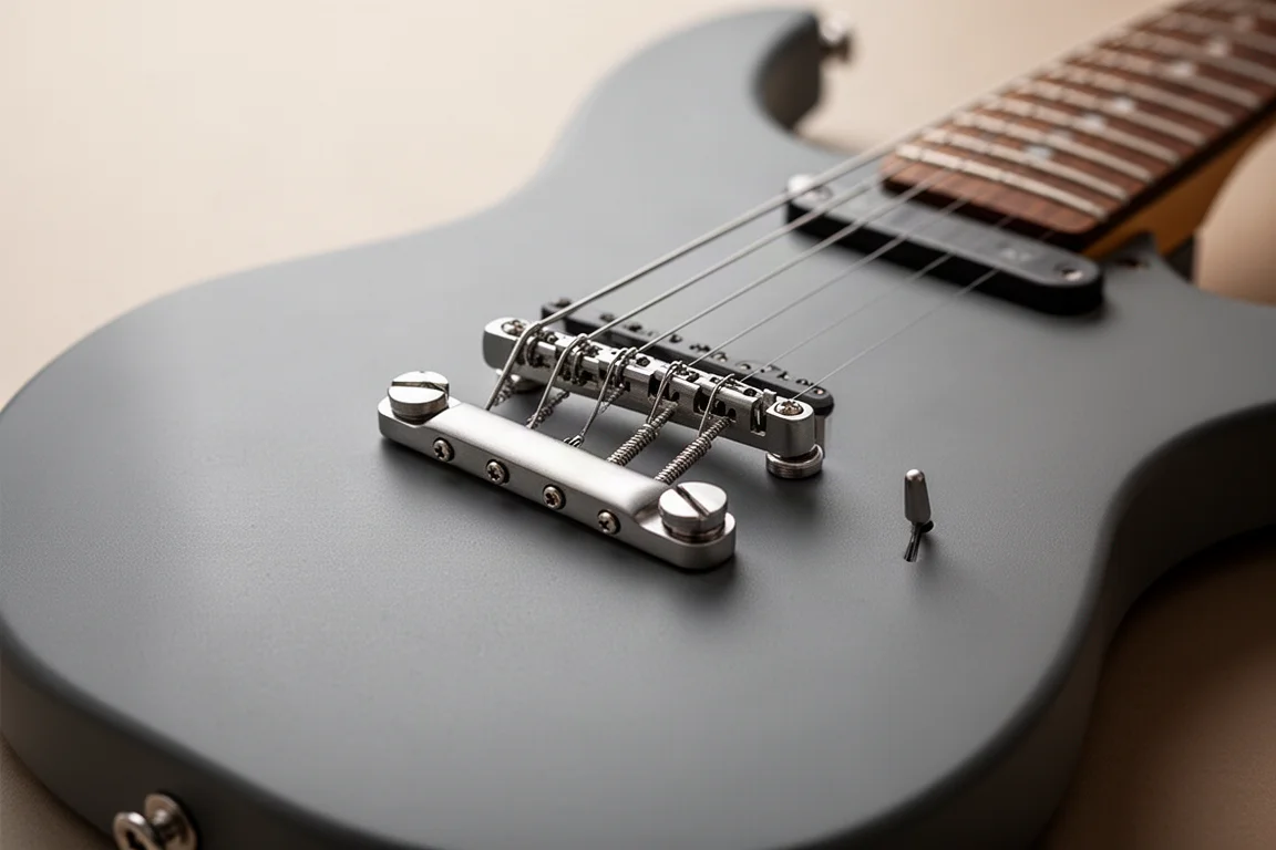 Nahaufnahme der Steg-Sättel und der matten Oberfläche der Gitarre