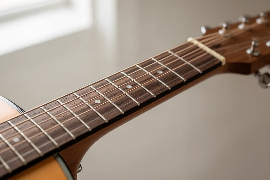 Gitarrenhals und Griffbrett mit sichtbarer Saitenspannung