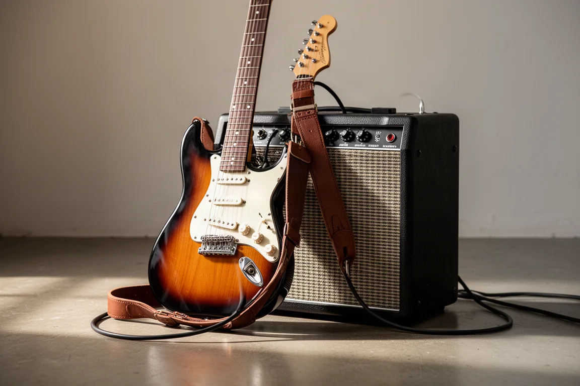 Gitarre, die an einen Verstärker gelehnt ist, mit angeschlossenem Kabel