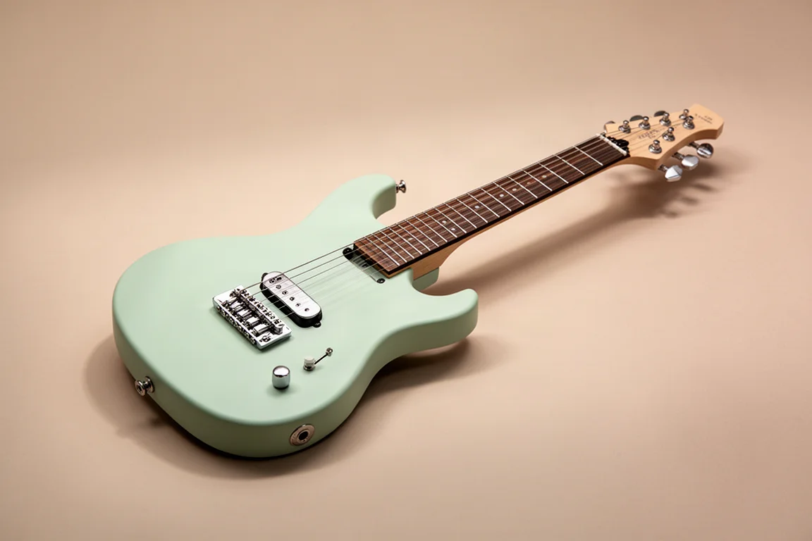 Kompakte Offset-E-Gitarre mit offenen Mechaniken und Singlecoil-Pickup vor neutralem Hintergrund