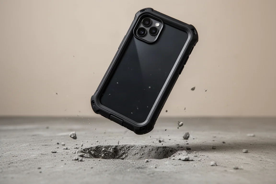 Pancerny smartfon trzymany nad nierówną betonową podłogą