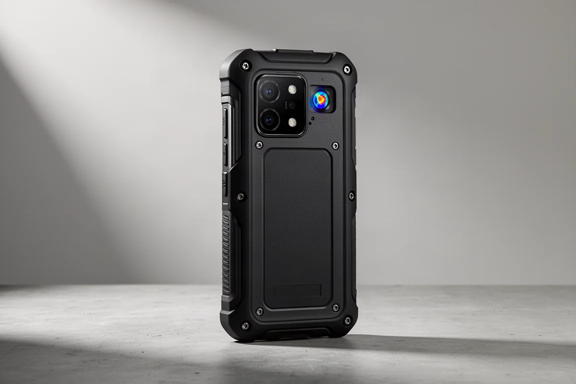 Doogee rugged thermal smartphone standing upright on a concrete surface