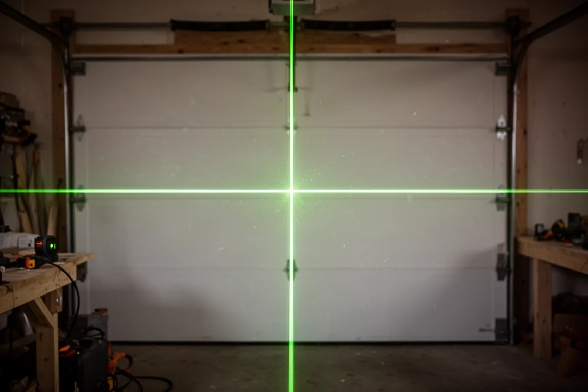 Laser verde a croce proiettato su una parete di un garage in condizioni di luce ridotta