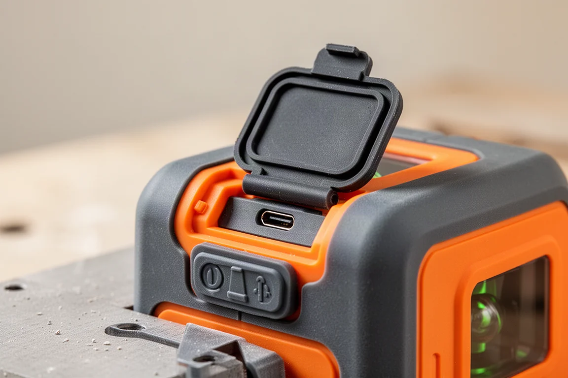 Porta di ricarica USB-C protetta da un lembo in gomma su un livello laser