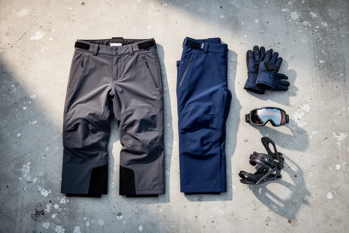 Widok z góry na spodnie snowboardowe, rękawice, gogle i wiązanie snowboardowe na betonie