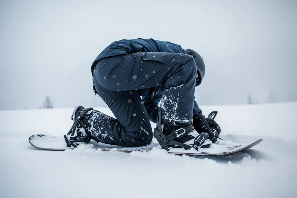 Snowboardzista klęczący w świeżym puchu, regulujący wiązanie, w ciemnych spodniach śnieżnych