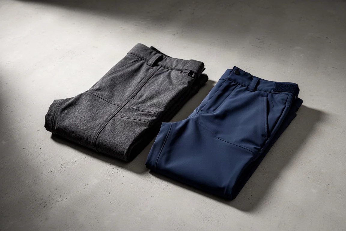 Two pairs of technical snow pants in charcoal and navy folded on a concrete surface