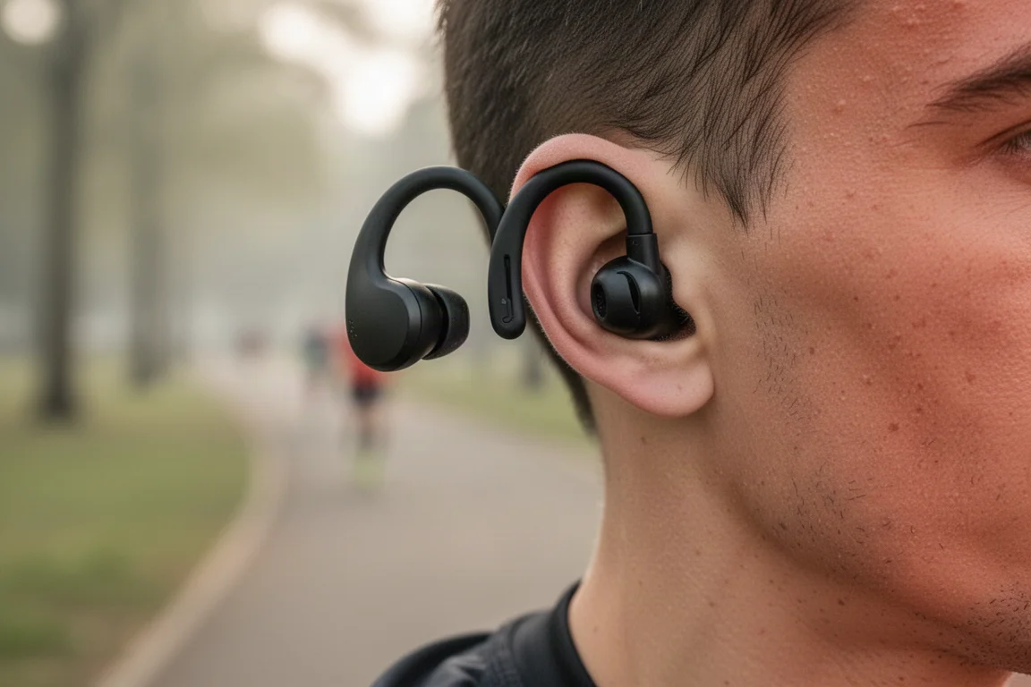 Corredor colocando um fone esportivo com haste que abraça a orelha durante a corrida em luz suave