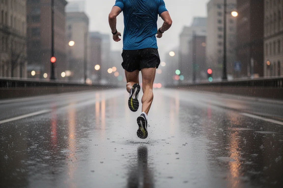 Corredor usando fones esportivos em chuva leve em uma via molhada