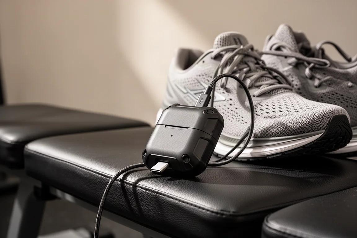 Cabo USB-C carregando um case resistente de fones esportivos ao lado de um tênis de corrida