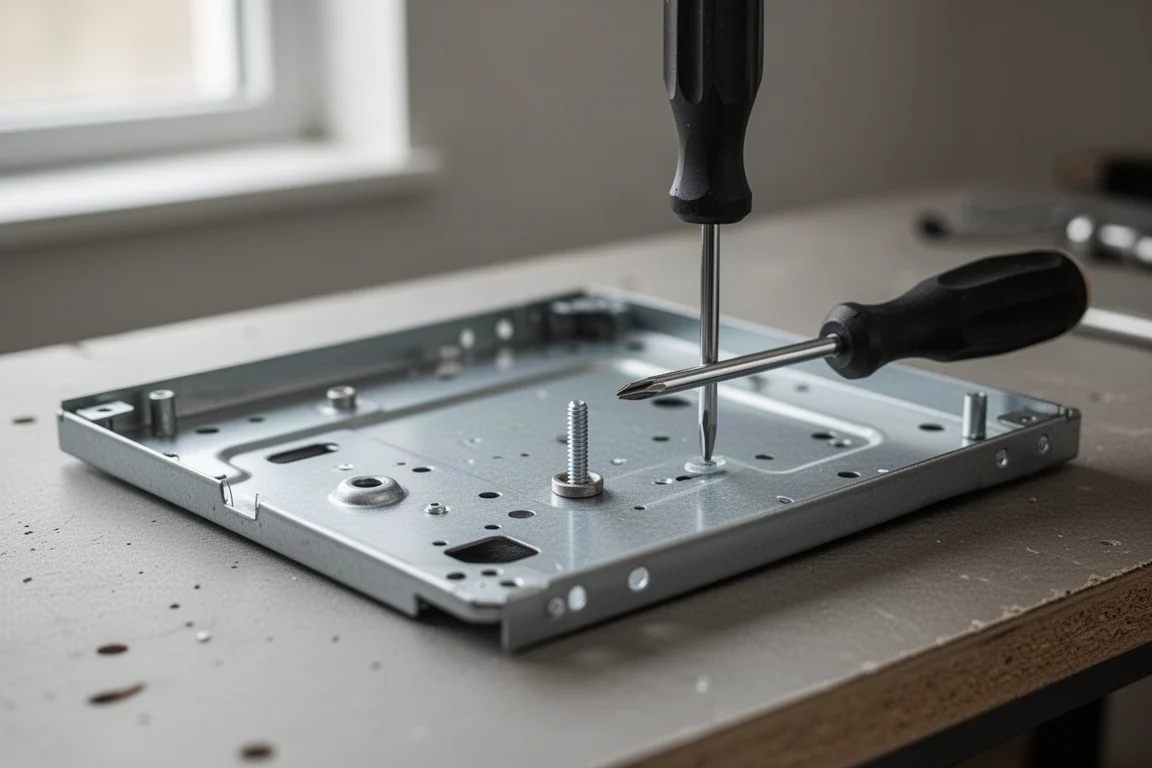Mains vissant une vis mécanique dans un panneau d'électroménager sur un établi
