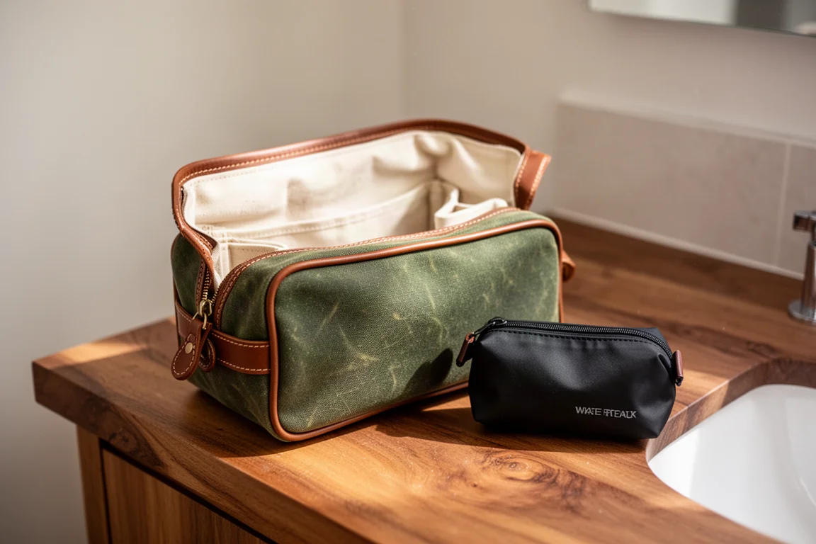 Dop kit abierto sobre un lavabo de baño con una bolsa resistente al agua al lado