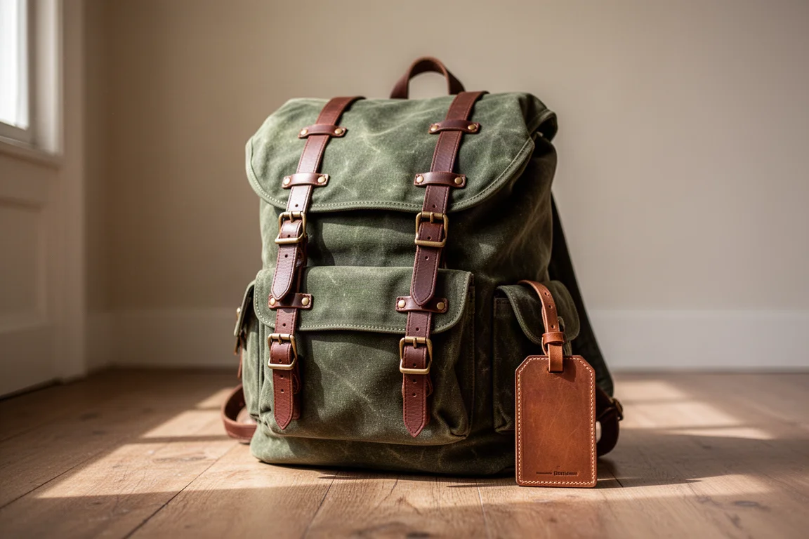 Mochila de pie con correas de cuero y hebillas metálicas visibles