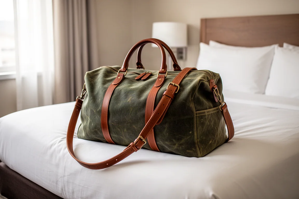 Bolsa weekender grande de lona en Vertical apoyada sobre una cama en una habitación de hotel