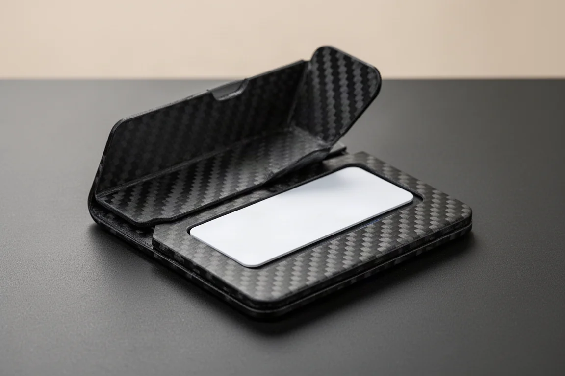 Uma carteira de fibra de carbono com a placa frontal aberta revelando um slot para cartão de rastreamento