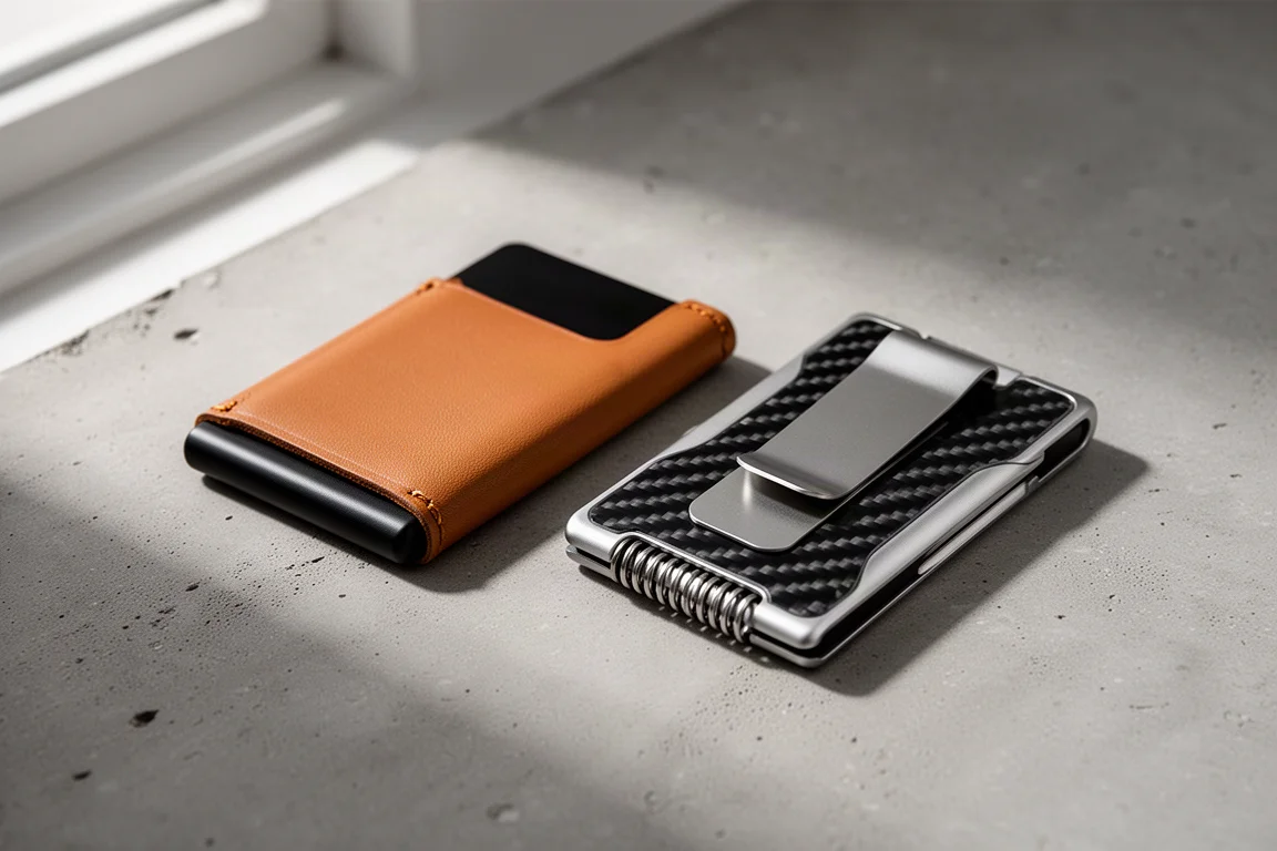 Smart wallet Double Oak con fondina in pelle e portafoglio in fibra di carbonio con fermasoldi sul cemento