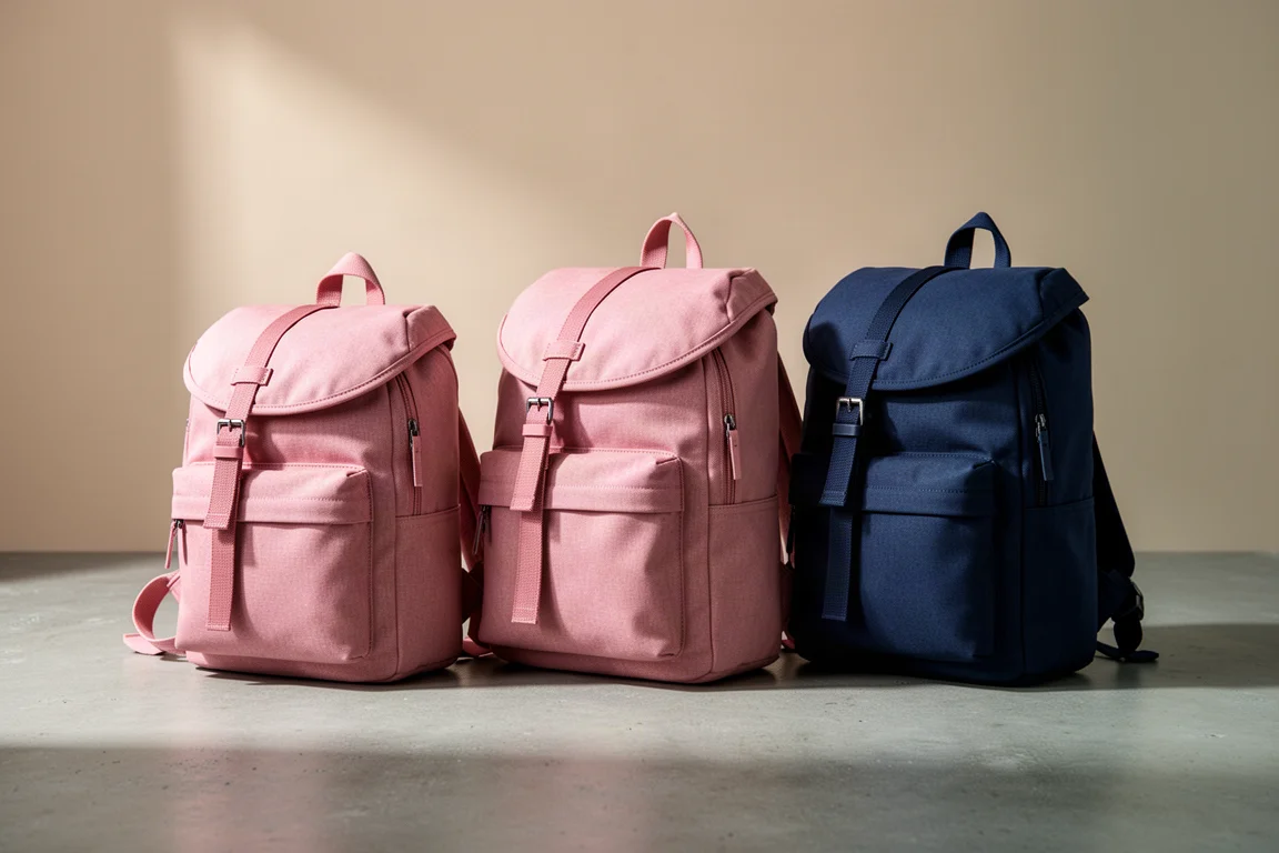 Three Doughnut Macaroon backpacks of different sizes arranged on a concrete surface