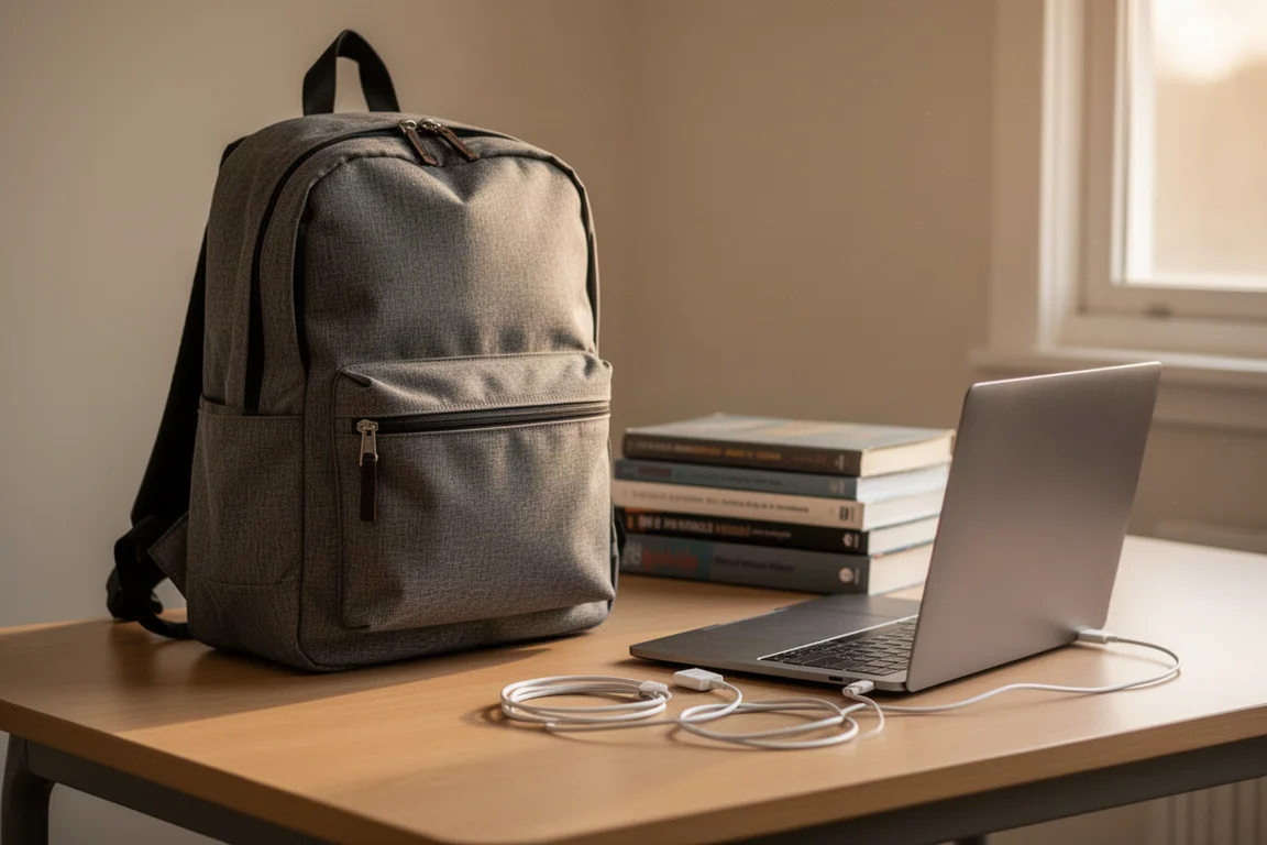 Étudiant rangeant des livres et un ordinateur portable dans un sac à dos posé sur un bureau