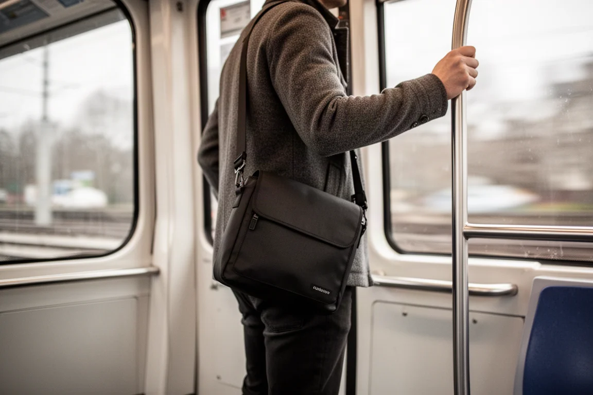 Navetteur portant un sac bandoulière noir en travers sur les transports en commun