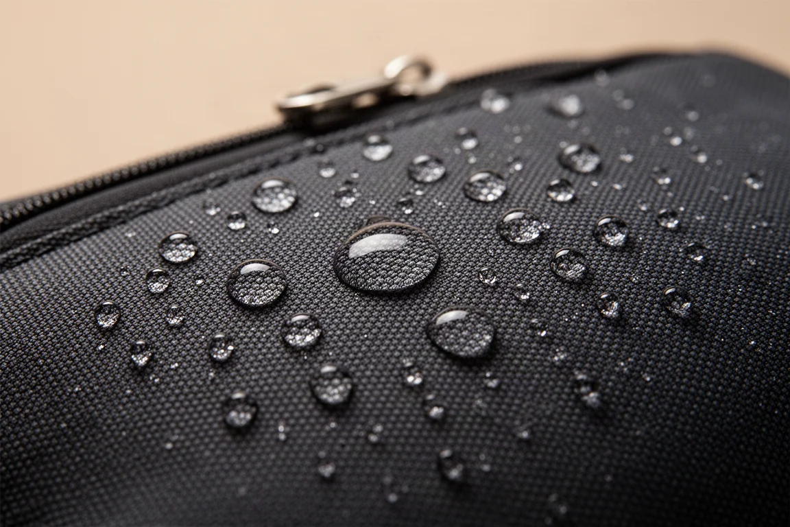 Perles d'eau glissant sur la surface d'un sac en tissu lors d'un test de déperlance