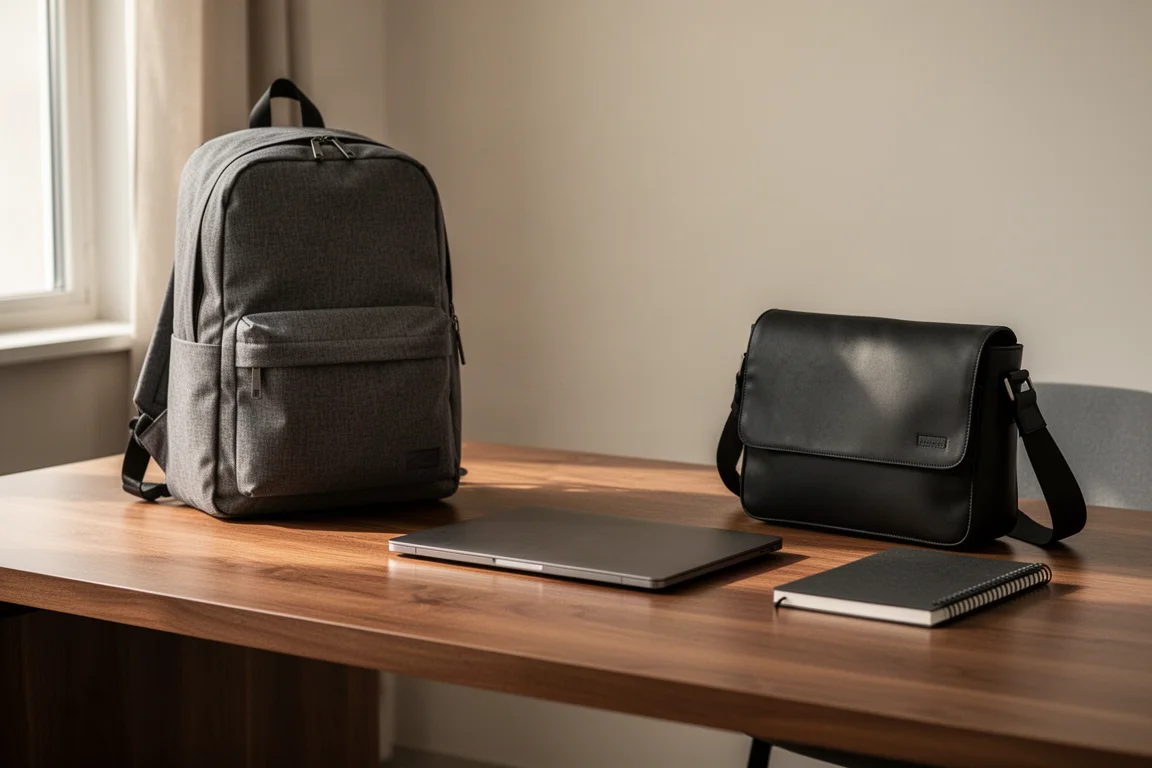 Deux sacs côte à côte sur un bureau en bois dans un cadre de bureau