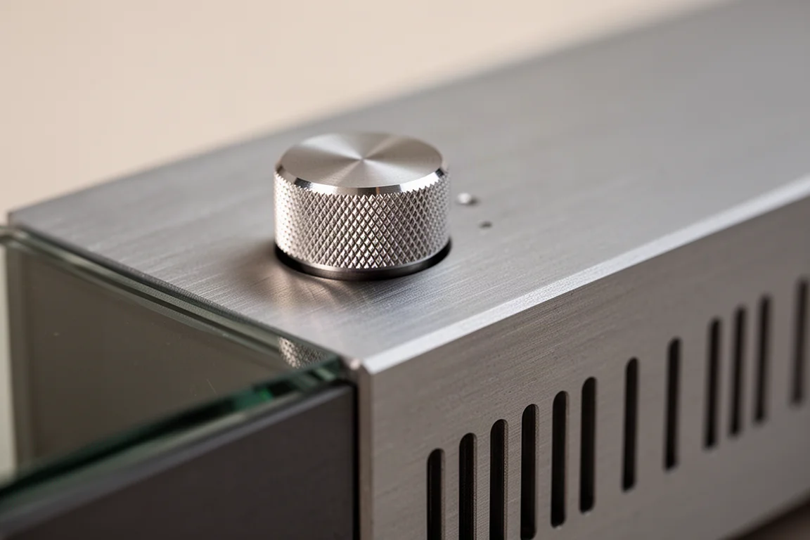 Detalle macro del mando metálico moleteado de un amplificador y el borde del chasis de aluminio cepillado