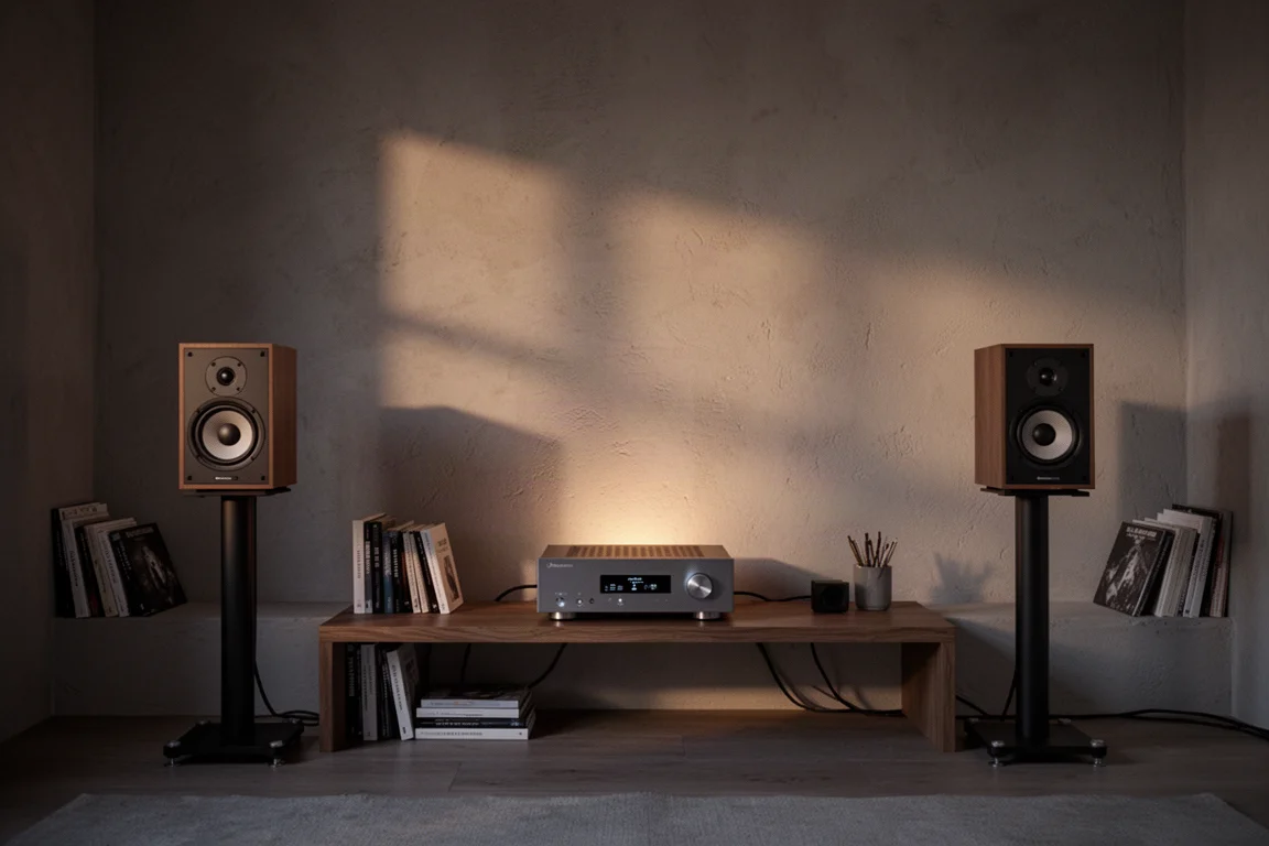Sala de escucha con poca luz al atardecer, altavoces de estantería y un amplificador compacto iluminado