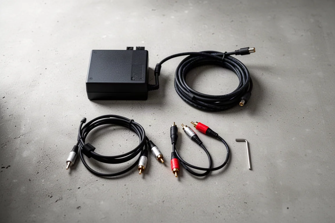 Vista cenital de una fuente de alimentación, cables de altavoz, cables RCA y una llave hexagonal