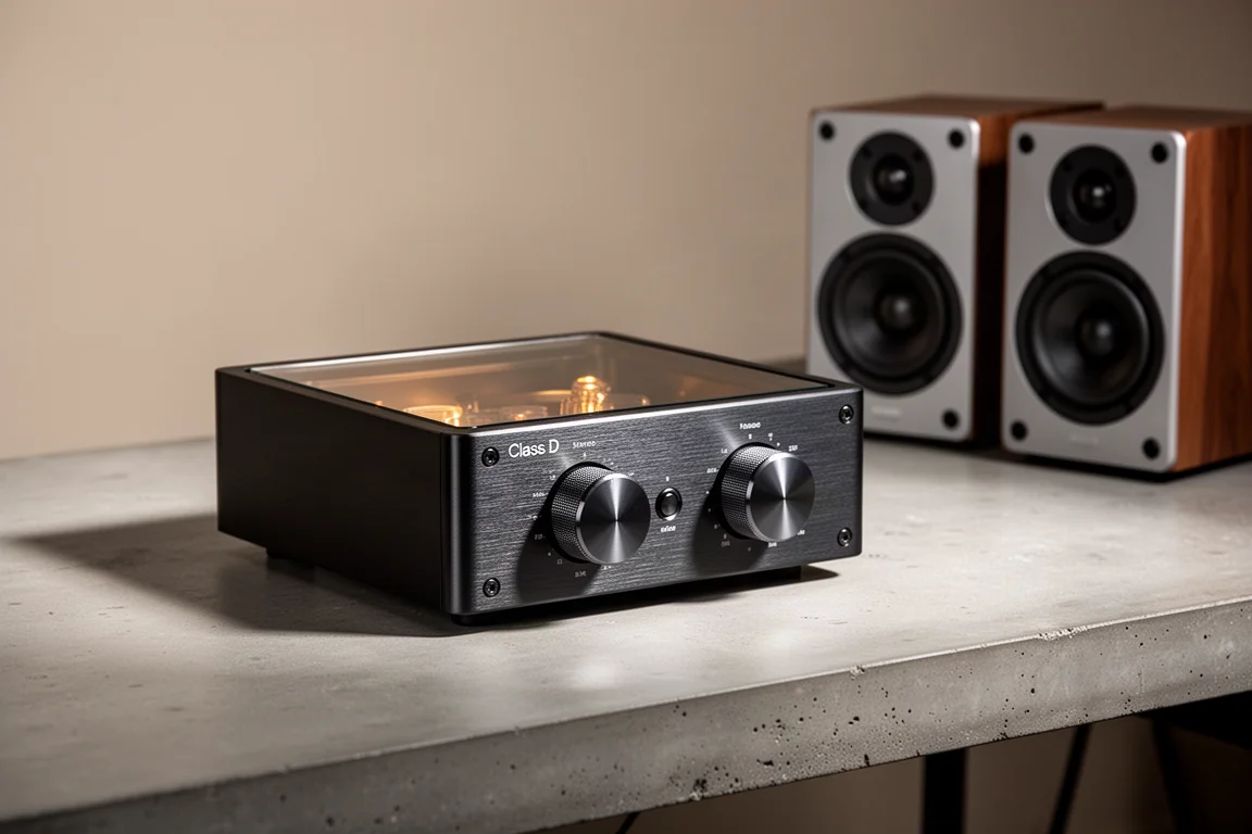 Compact metal Class D amplifier with glass top on a desk beside small bookshelf speakers
