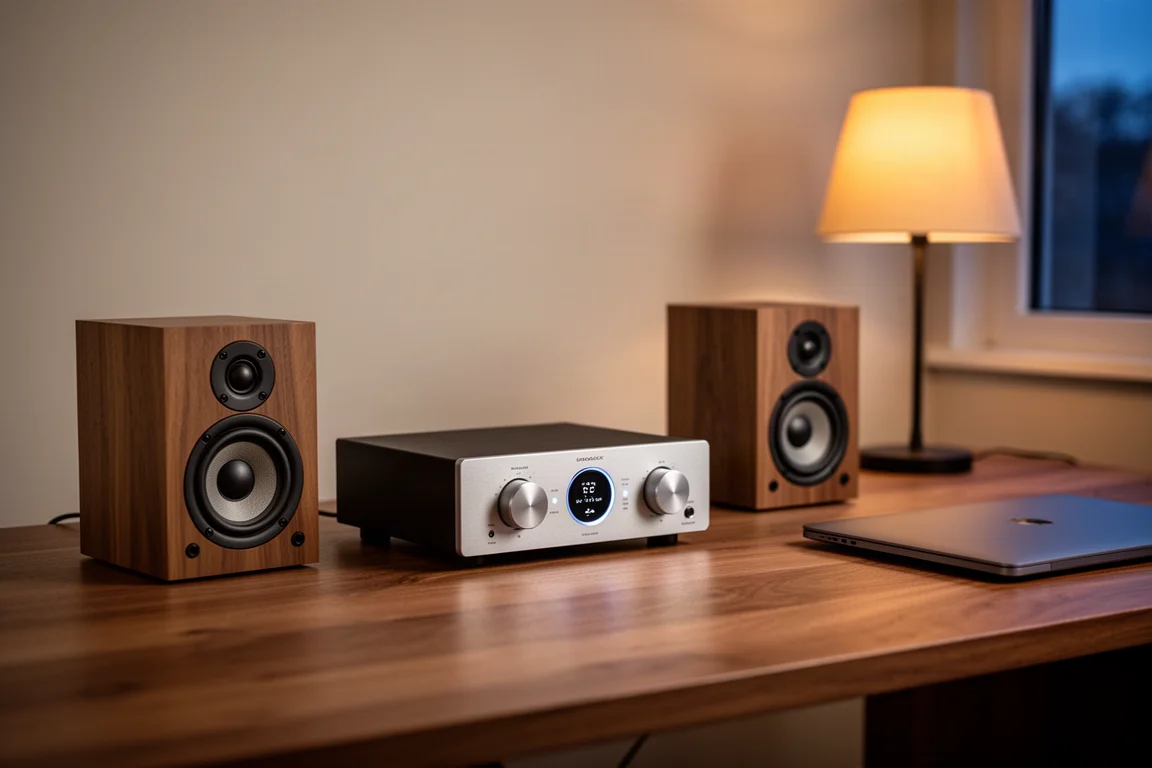 Amplificador hi-fi compacto e pequenas caixas bookshelf sobre uma mesa de madeira ao anoitecer