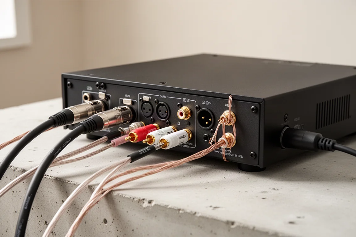 Painel traseiro de um amplificador de mesa com cabos balanceados e RCA conectados aos terminais de caixa
