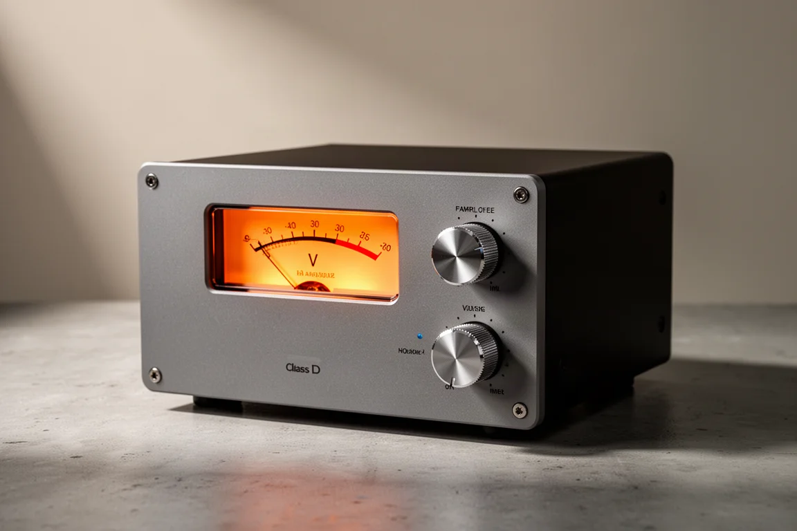 Compact grey Class D amplifier with orange VU meter and two metal knobs on concrete