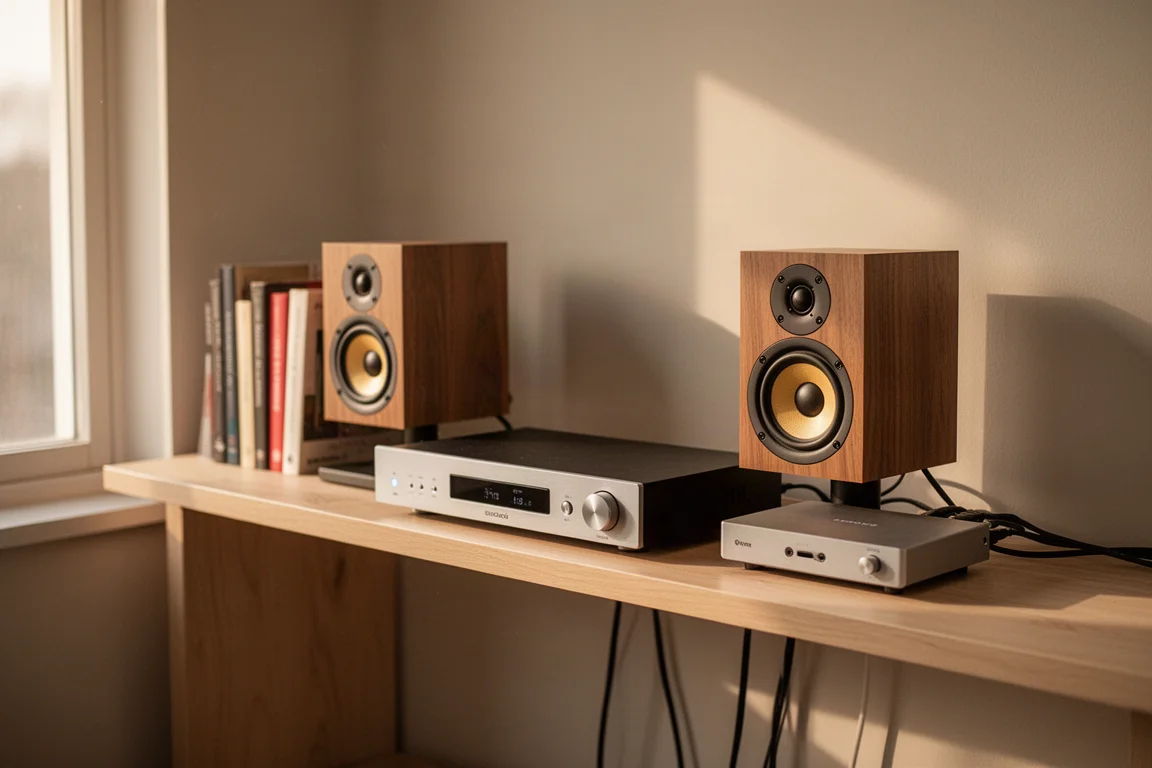 Système hi-fi de bureau compact sur une étagère en bois avec de petits enceintes et une lumière du jour chaleureuse