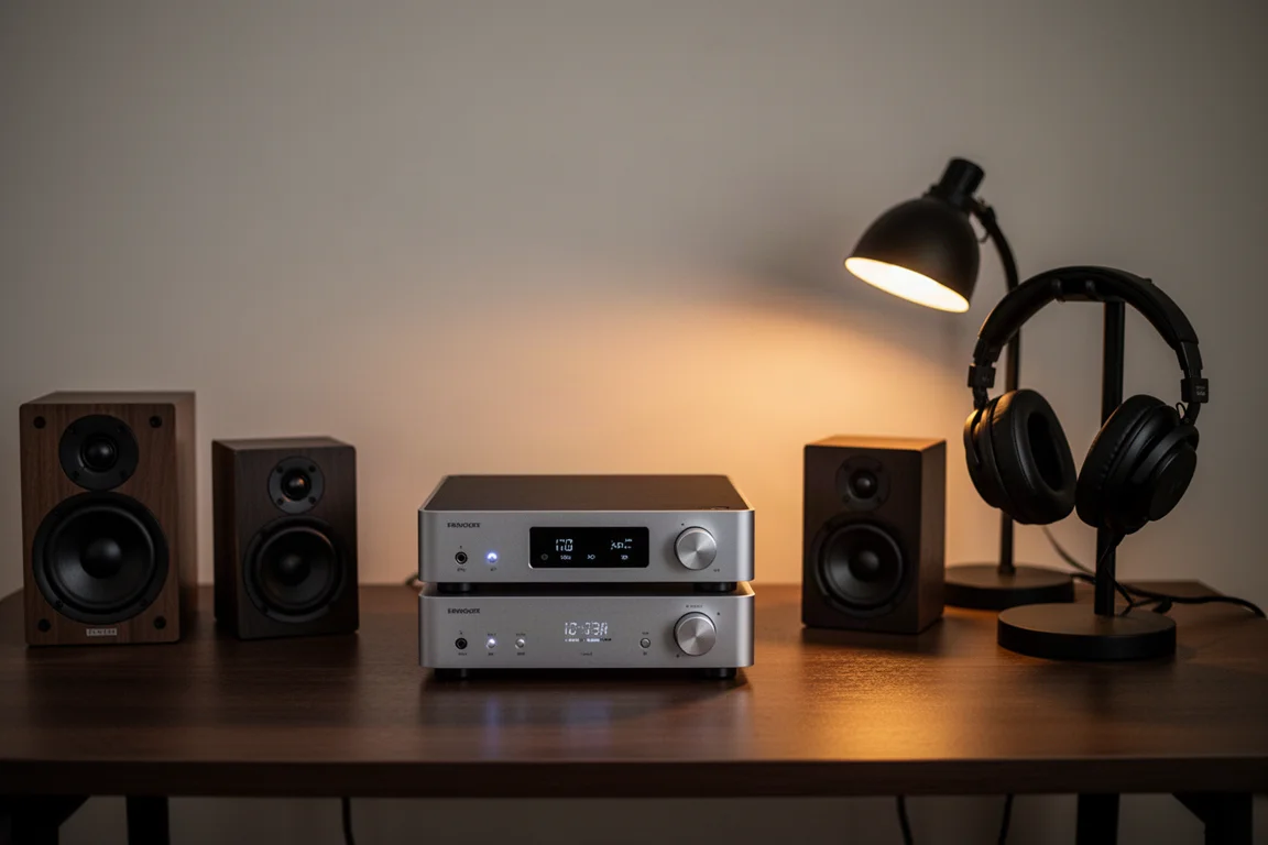 Configuration d'écoute de bureau le soir avec une lampe chaleureuse et de petites enceintes