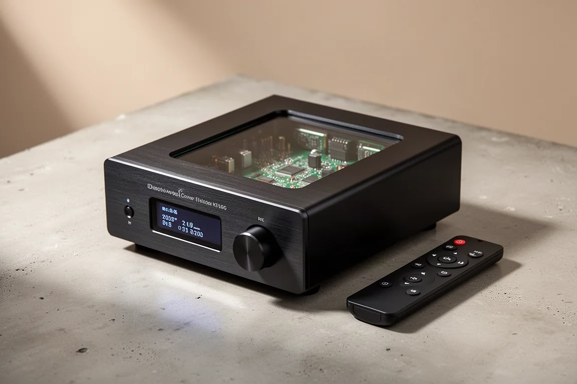 Compact desktop digital-to-analog converter with a top window and remote control on concrete