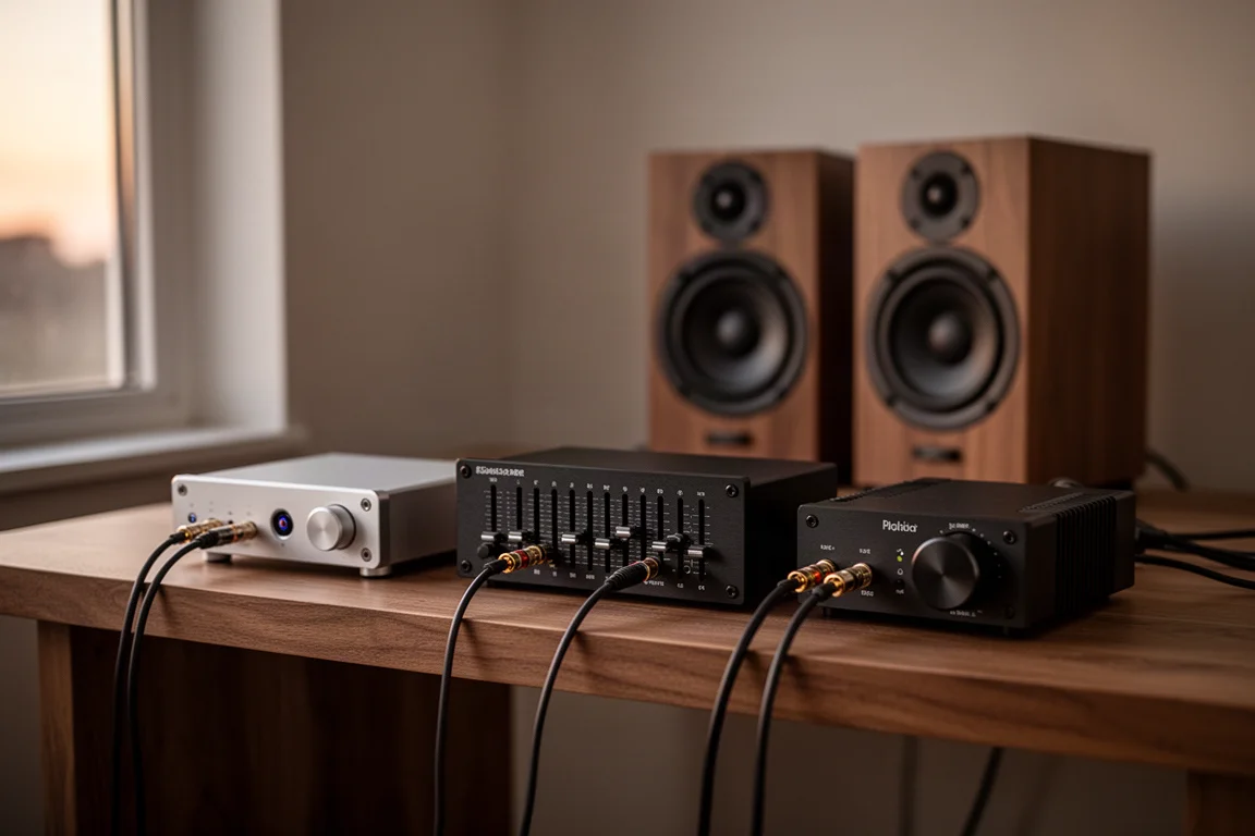 Compact desktop hi-fi stack with equalizer, DAC and bookshelf speakers on a wooden shelf