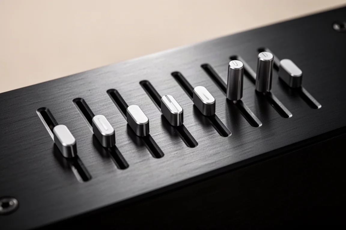 Close-up of seven vertical equalizer sliders on a brushed aluminium panel