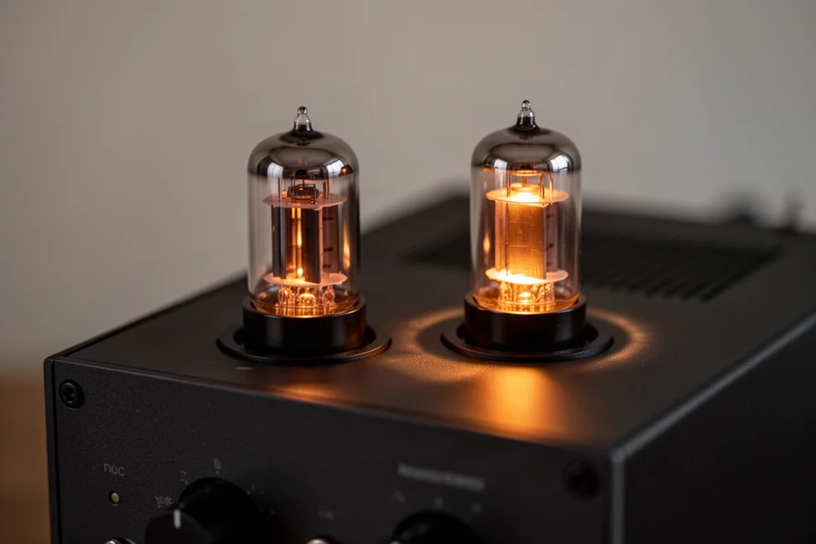 Two small vacuum tubes glowing amber on top of a compact audio chassis
