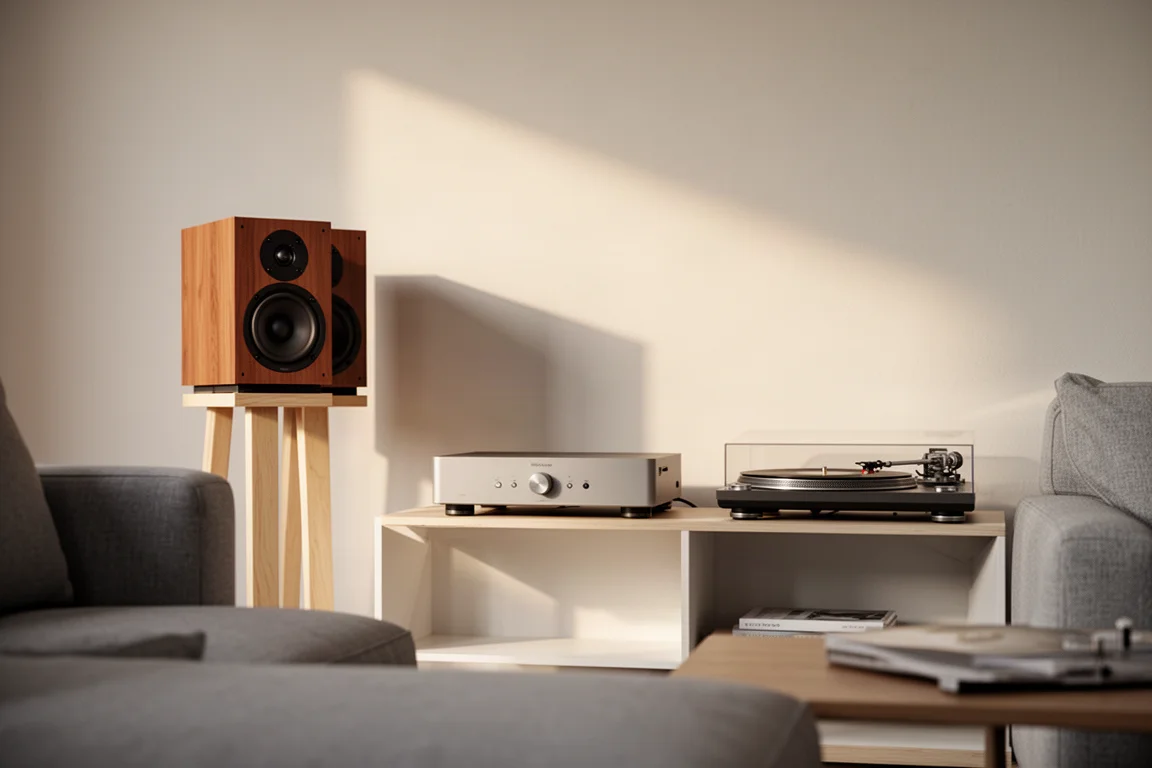 Modest living room hi-fi setup with bookshelf speakers on wooden stands
