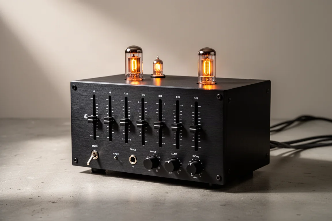 Douk Audio T8 Pro seven-band hi-fi equalizer with glowing tubes on a concrete surface