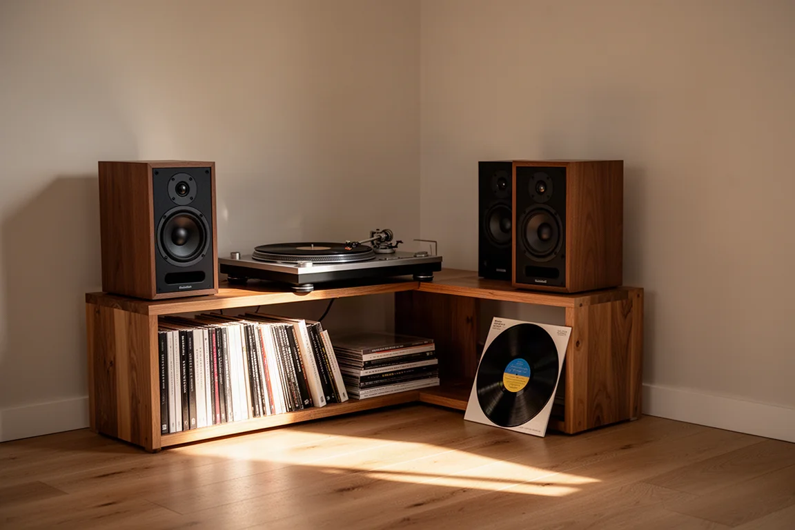 Small listening room corner with a turntable, vinyl record and compact bookshelf speakers