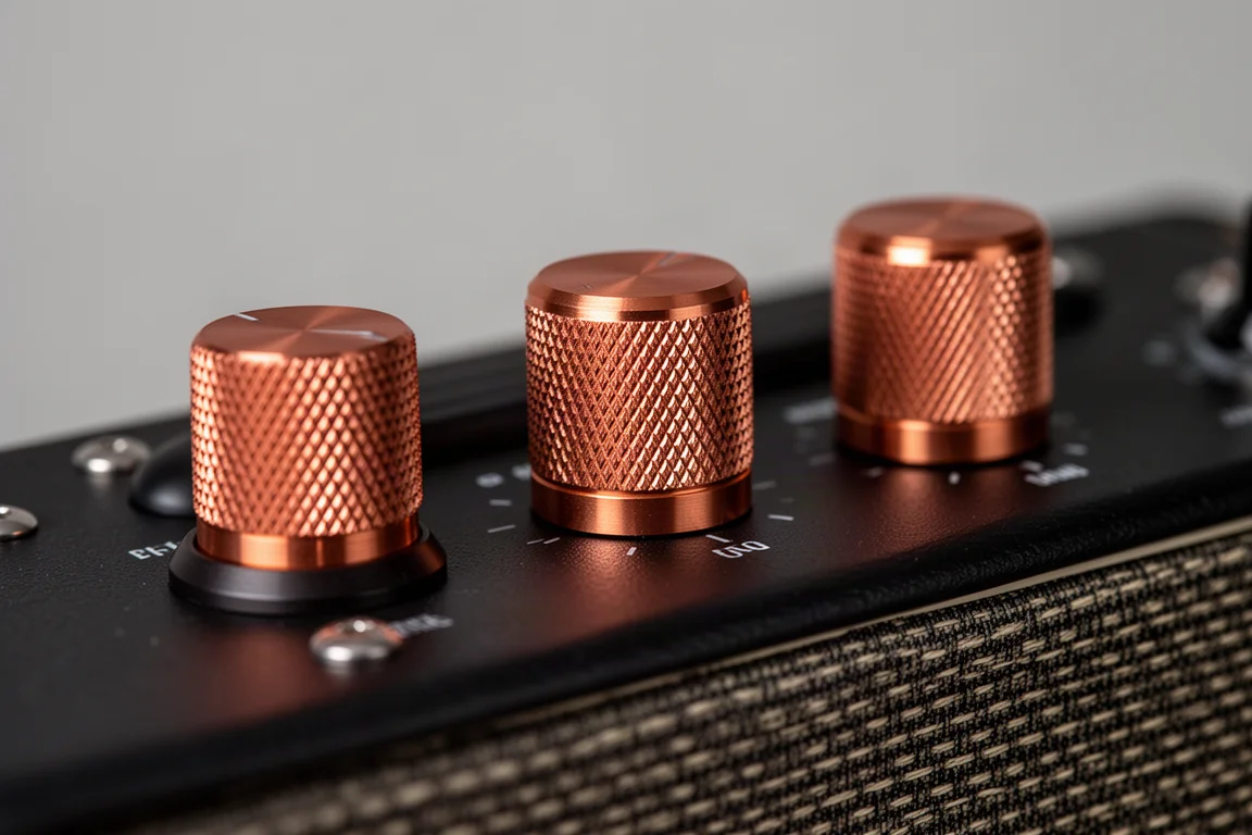 Close-up of three knurled metal knobs on a dark amplifier top plate
