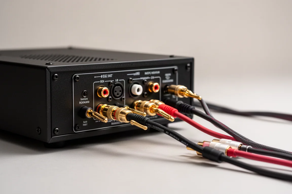 Rear panel detail with speaker cables and RCA cables connected to a compact amplifier