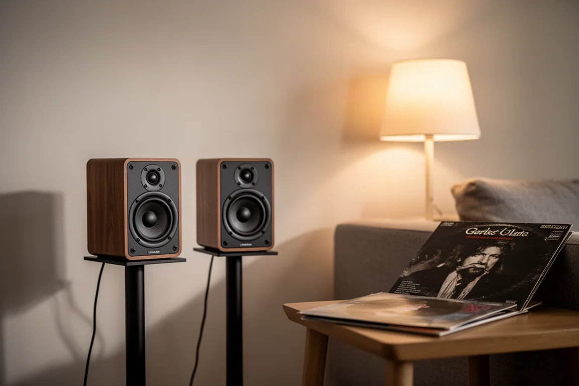Evening living room with small speakers on stands and a warm lamp glowing