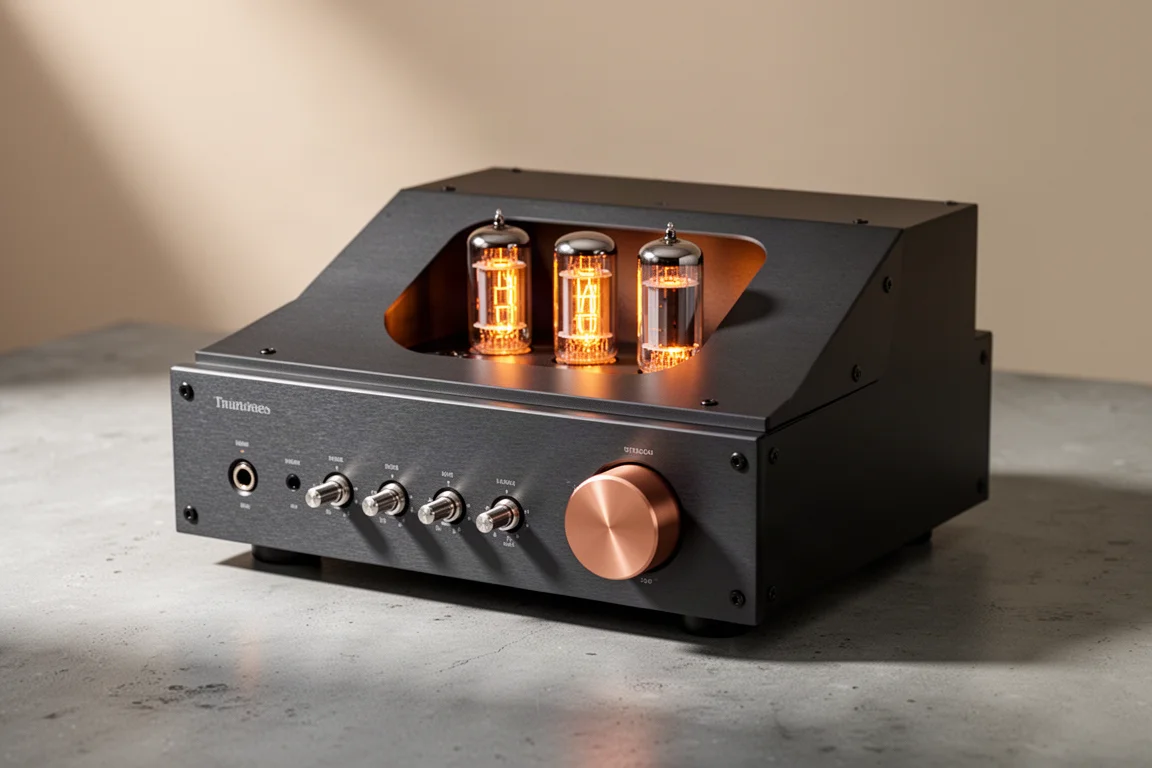 Compact integrated amplifier with glowing vacuum tubes and a copper-toned volume knob