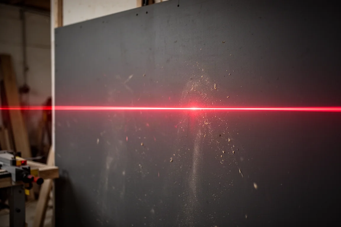 Linea laser rossa brillante proiettata sulla parete di un laboratorio