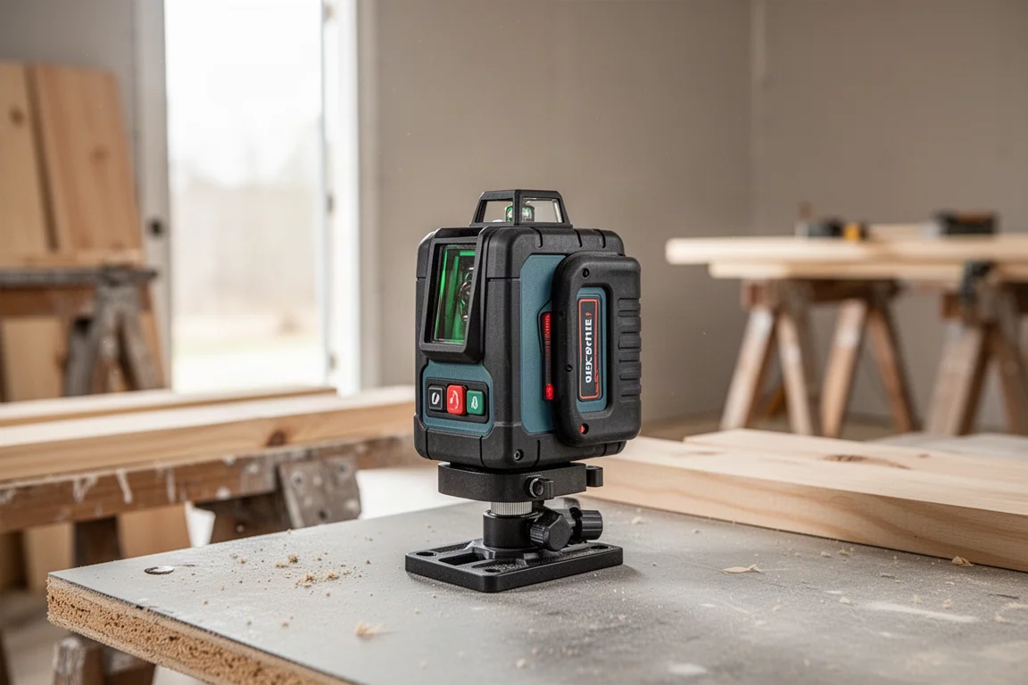 Livello laser montato su una staffa su una superficie di lavoro in cantiere
