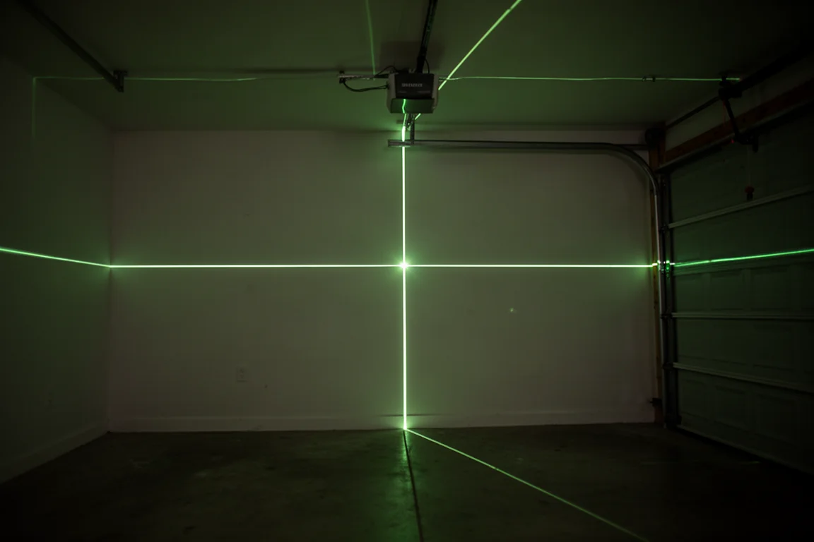 Líneas láser verdes brillantes cruzando la pared y el techo de un garaje con luz tenue