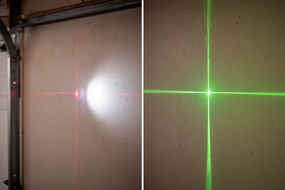 Línea láser roja tenue desvaneciéndose cerca de una luz brillante a modo de comparación